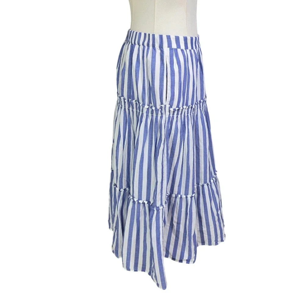 J.Crew Striped Tiered Midi Skirt Womens Small Blue White Cotton Pocket